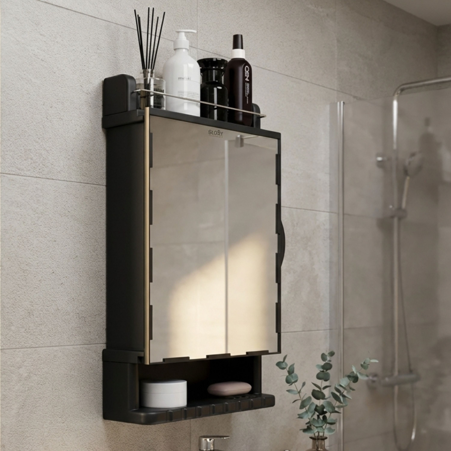 Image of GLOXY Bathroom Cabinet with Mirror Storage Space Strong Plastic Wall Shelf Organizer Acrylic Wall Shelf