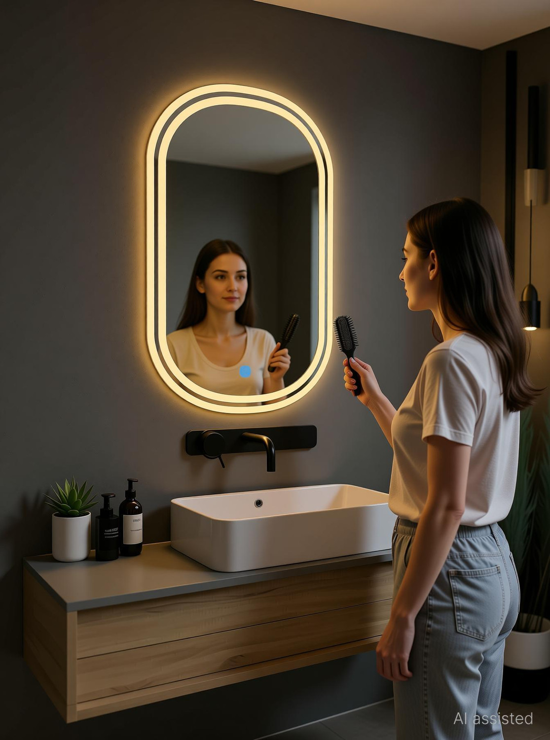 Image of SANIF SHOP Capsul LED Mirror For Bathroom Size 18x24, Decorative Mirror with Lights Bathroom Mirror