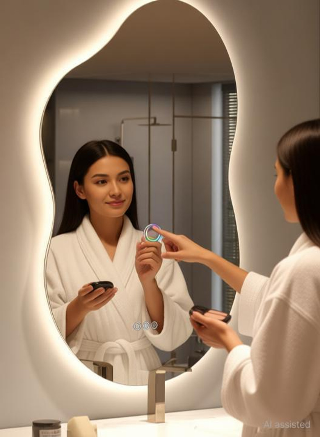 Image of PINICODE IRREGULAR MIRROR WITH THREE COLOR LED LIGHTS AND TOUCH SENSORS 21 inchX16 inch FB1 Bathroom Mirror