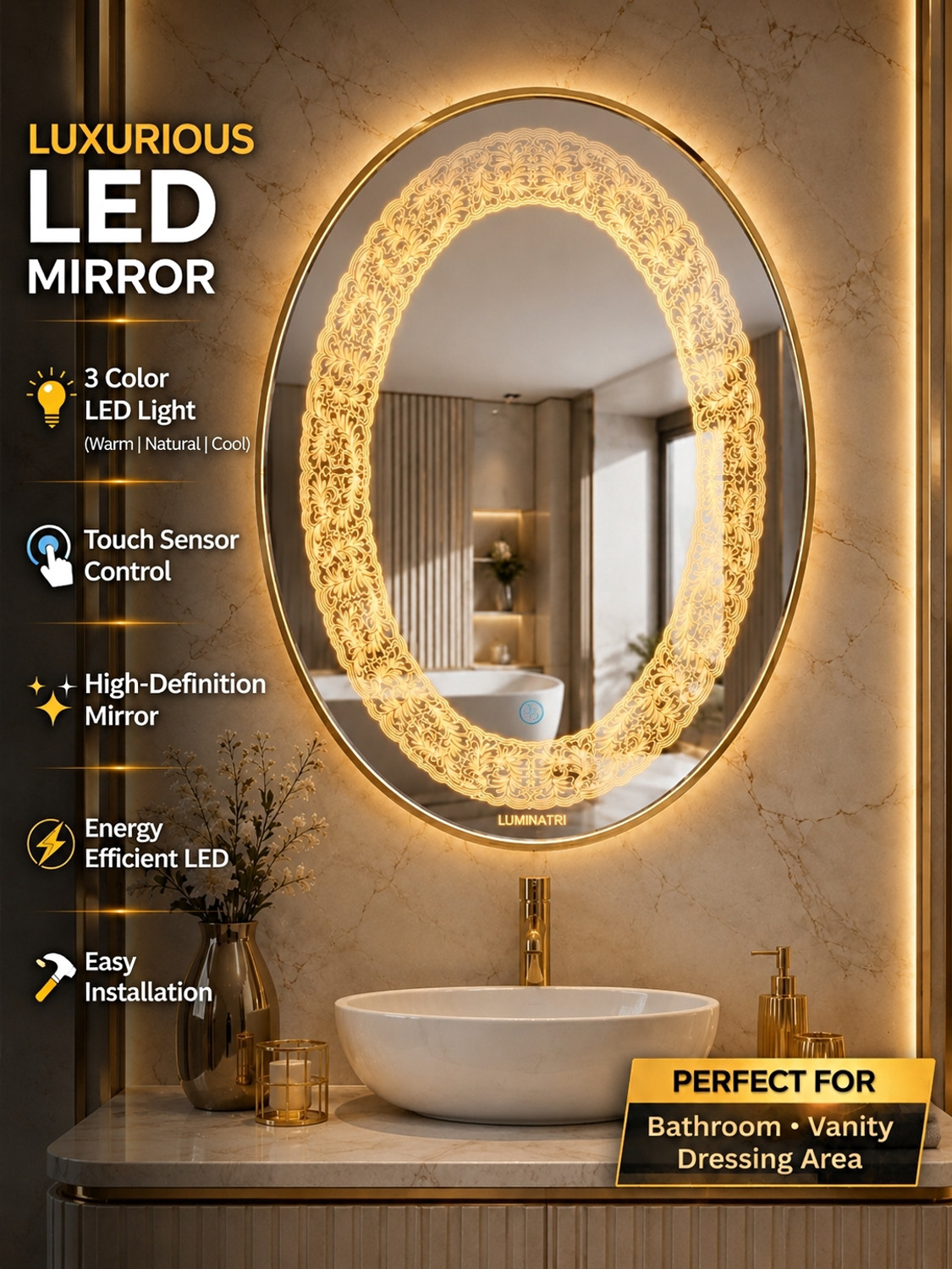 Image of luminatri 18x24 Inch Oval LED Wall Mirror Glass with Touch Sensor Lights Decorative Mirror Bathroom Mirror