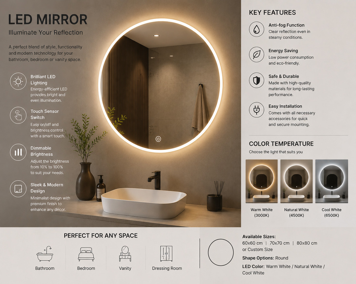 Image of PKG Stylish LED Mirror 21 Bathroom Mirror
