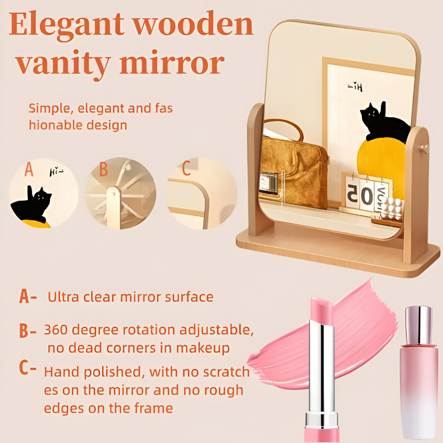 Image of Glitzn Wooden Tabletop Makeup Mirror - 360 Rotating Adjustable Vanity Desk Mirror