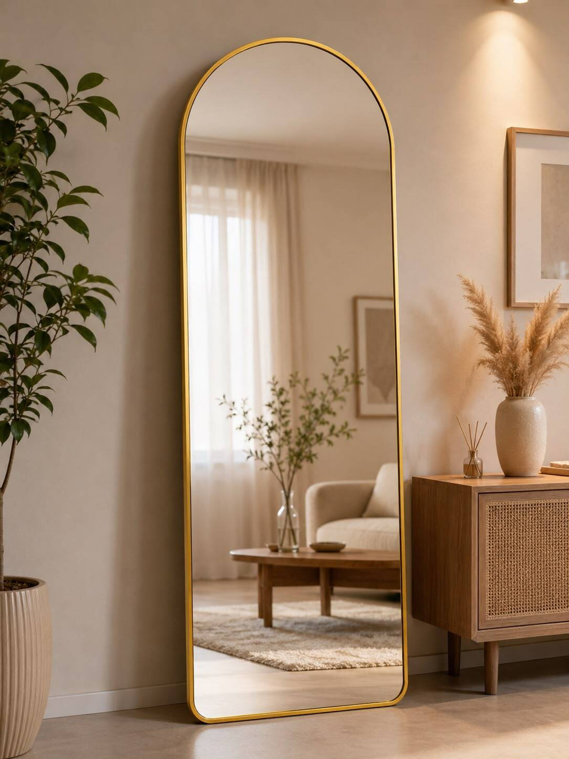 Image of Ryme Tempered Glass Arched Full Length Wall Mirror with Gold Metal Frame 160 x 50 cm Decorative Mirror