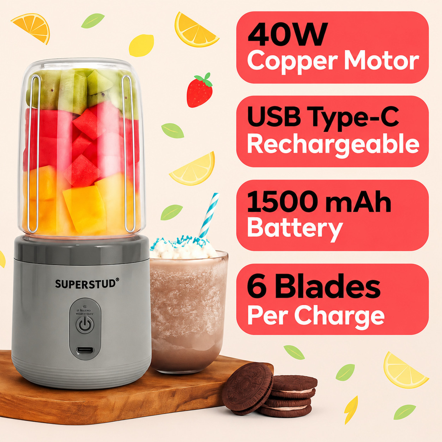 Image of SUPERSTUD Blender Juicer Mixer Rechargeable Portable Smoothie Blender 50 W Mixer Blender