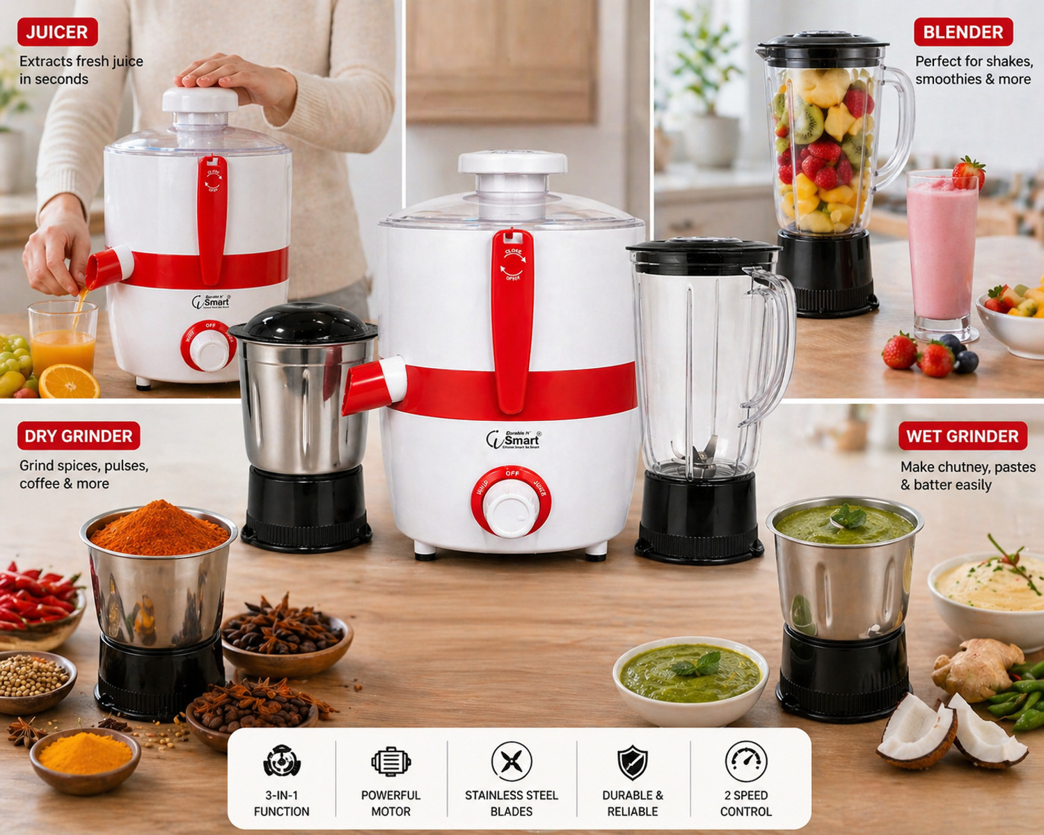 Image of iDurable 'N' Smart Opel Powerful Motor | 2 Jars | Smooth Grinding & Juicing | High Performance 750 W Juicer Mixer Grinder