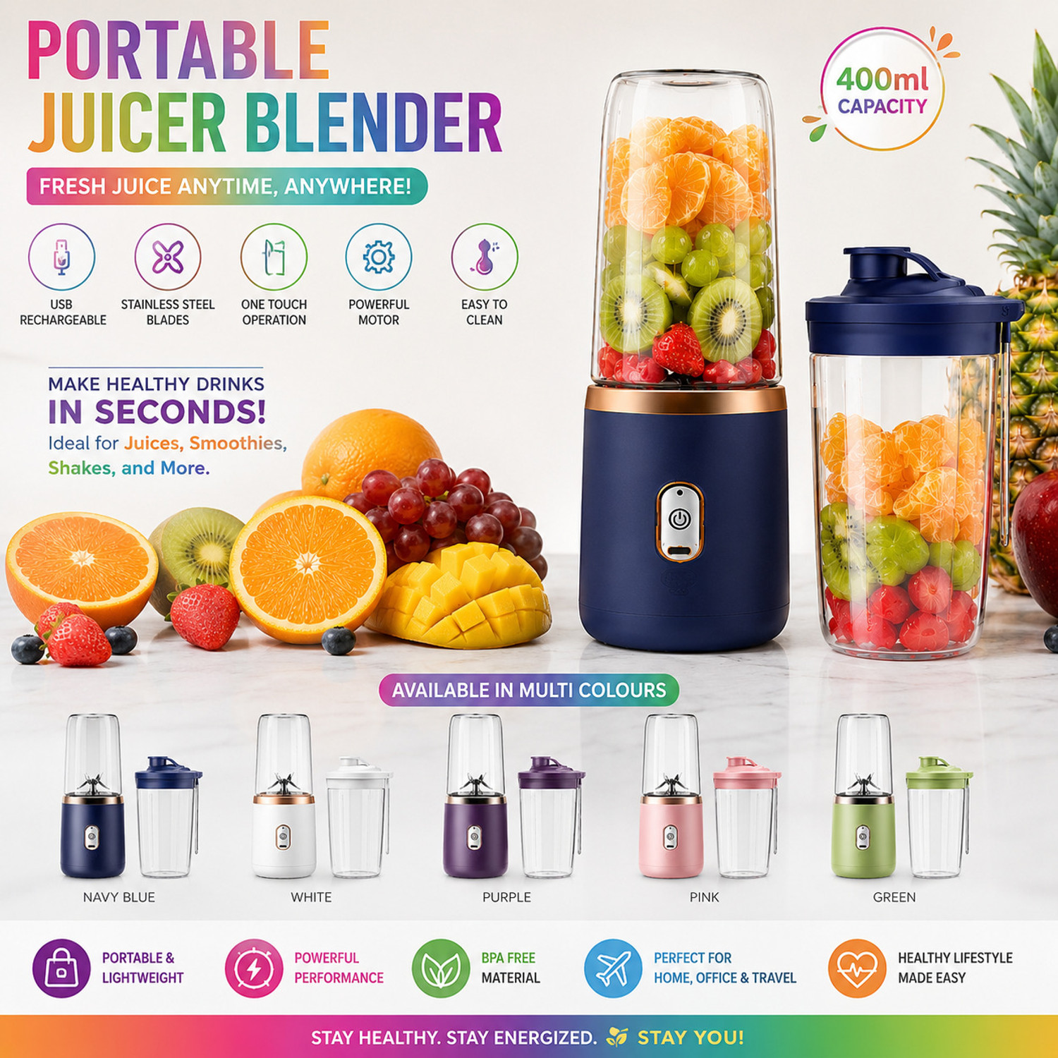 Image of Khatushyam Portable USB Rechargeable Juicer Blender Mini Smoothie Maker Bottle 105 W Juicer Mixer Grinder
