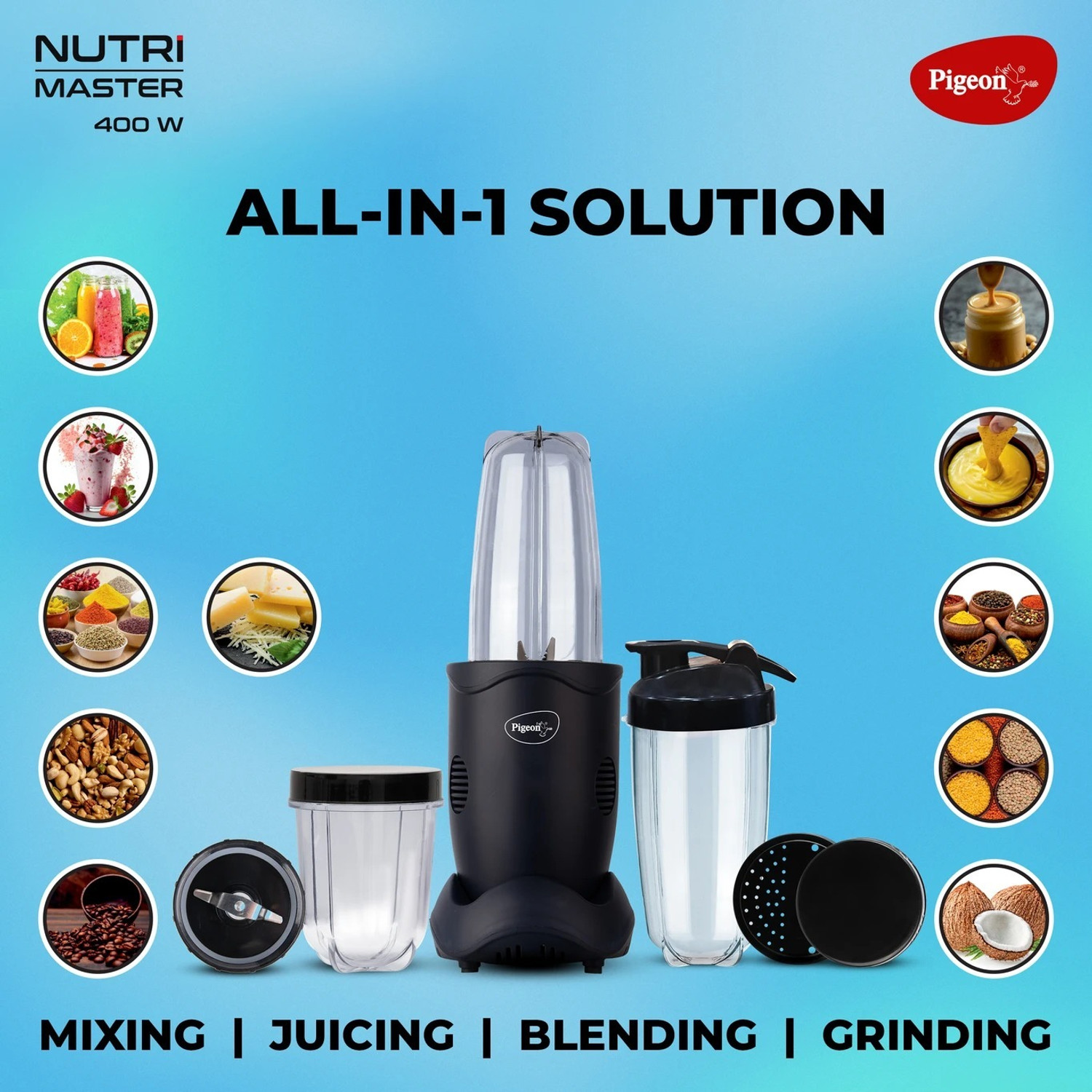 Image of Pigeon 18000 RPM Mixer Grinder Juicer Blender with 3 Jars, Sipper & Strainer Lid 400 W Juicer Mixer Grinder