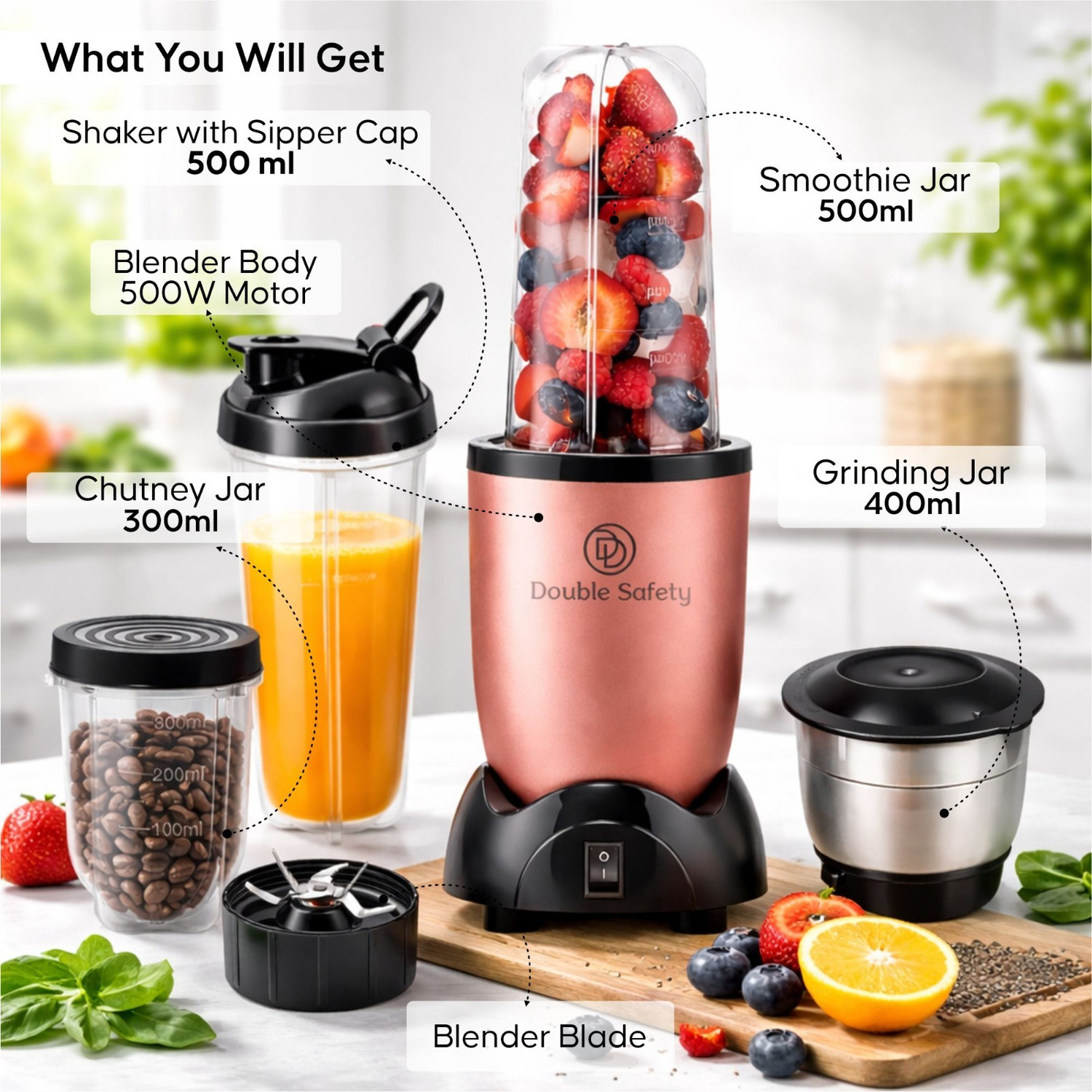 Image of Double Safety Blender for Smoothies, Shakes, Chutney & Dry Grinding Copper Colour 500 W Juicer Mixer Grinder