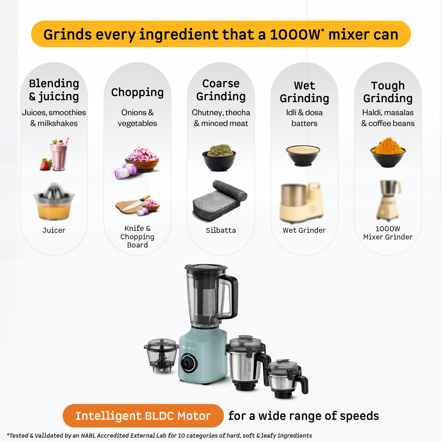 Image of Atomberg Zenova Fresh | Safety Features | Coarse Mode for Silbatta-like Texture | 550 W Mixer Grinder