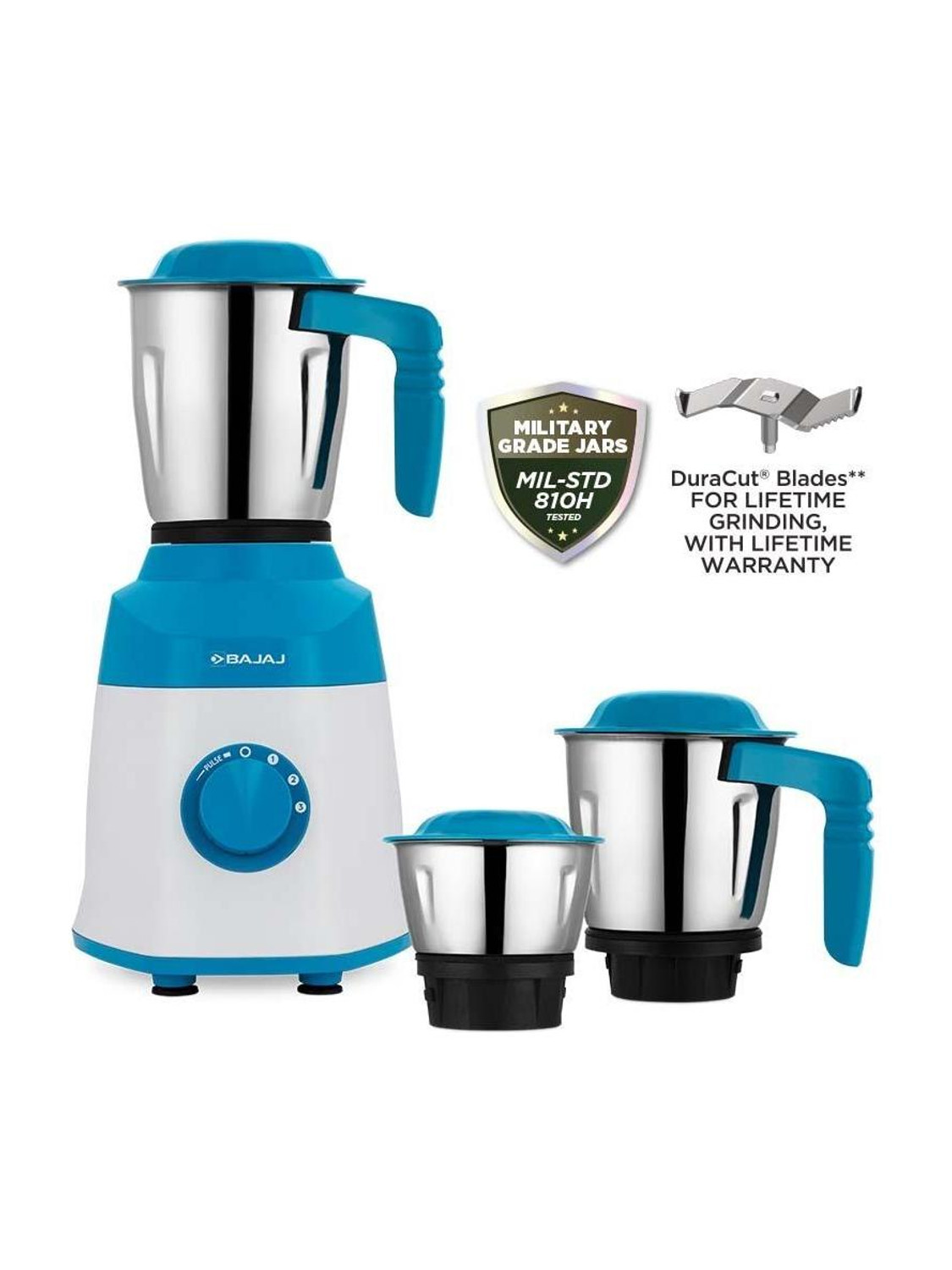 Image of BAJAJ Watts 500 W Mixer Grinder (Ninja Series NOTCH | 3 Jars | FRENCH BLUE)