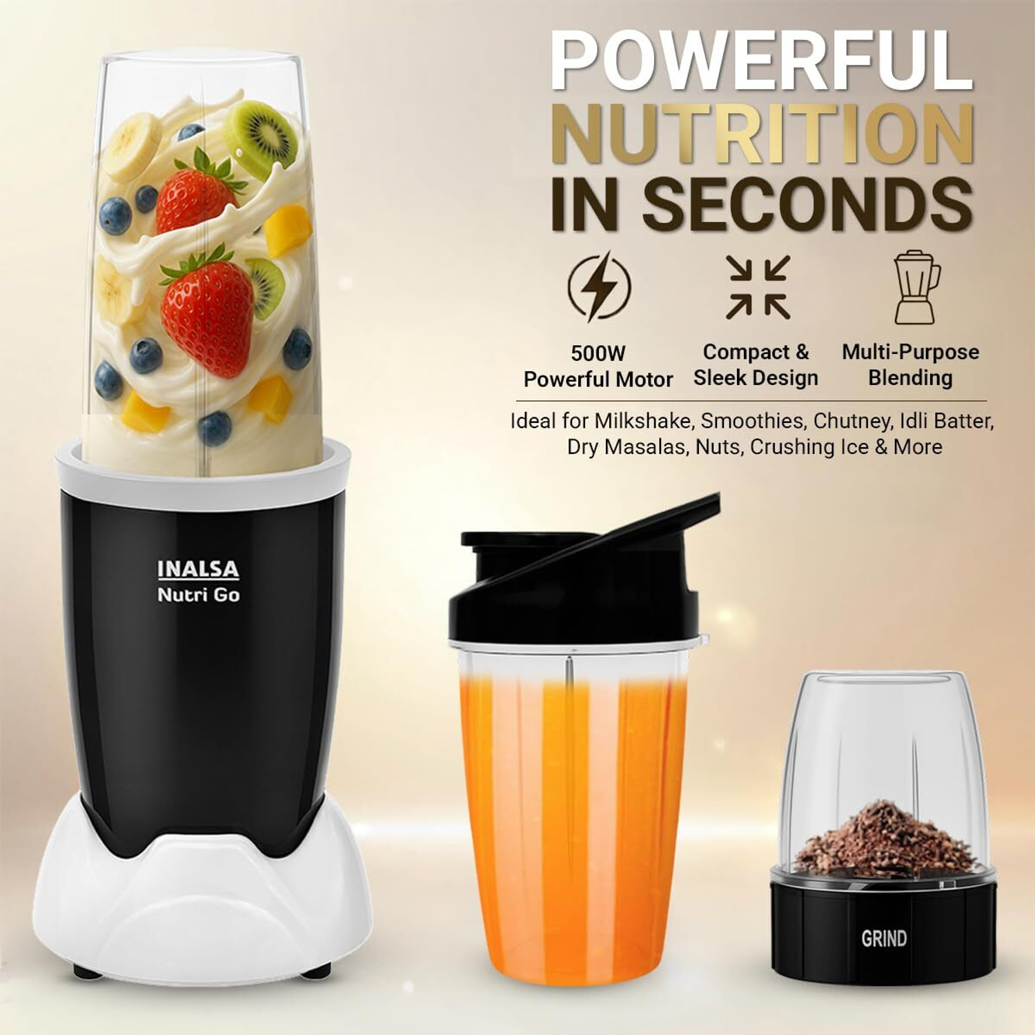 Image of Inalsa Nutri Go Blender|500W |3 Jars| For Smoothie,Shakes,Spices & Dry Fruits 500 W Mixer Blender