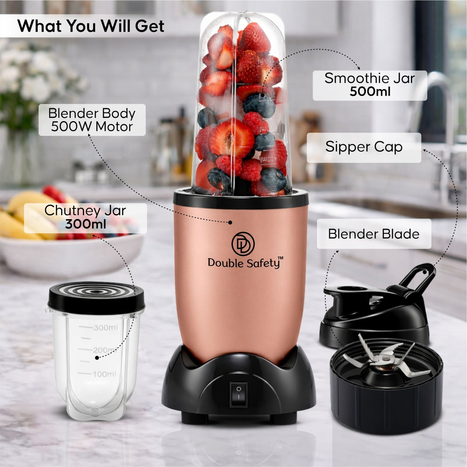 Image of Double Safety Blender 500W for Smoothies, Shakes, Chutney & Dry Grinding 500 W Juicer Mixer Grinder