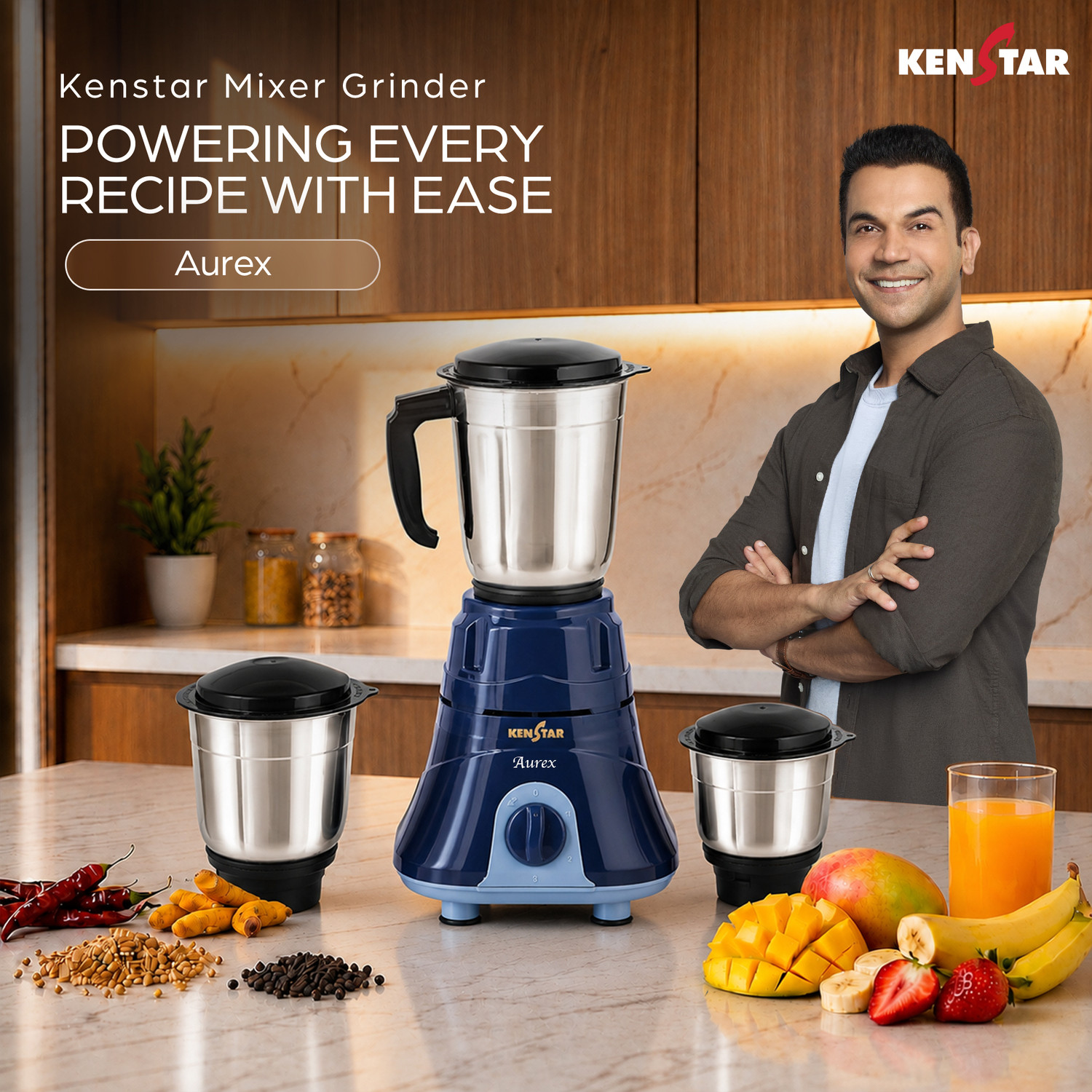 Image of Kenstar AUREX 3J MG with Overload Protection SS Ultima Blades 1 Year Warranty 500 W Mixer Grinder