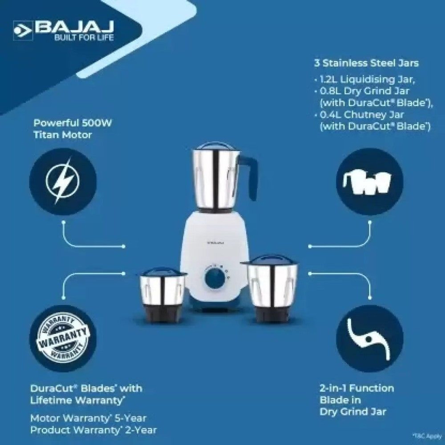 Image of BAJAJ Notch 500 W Mixer Grinder