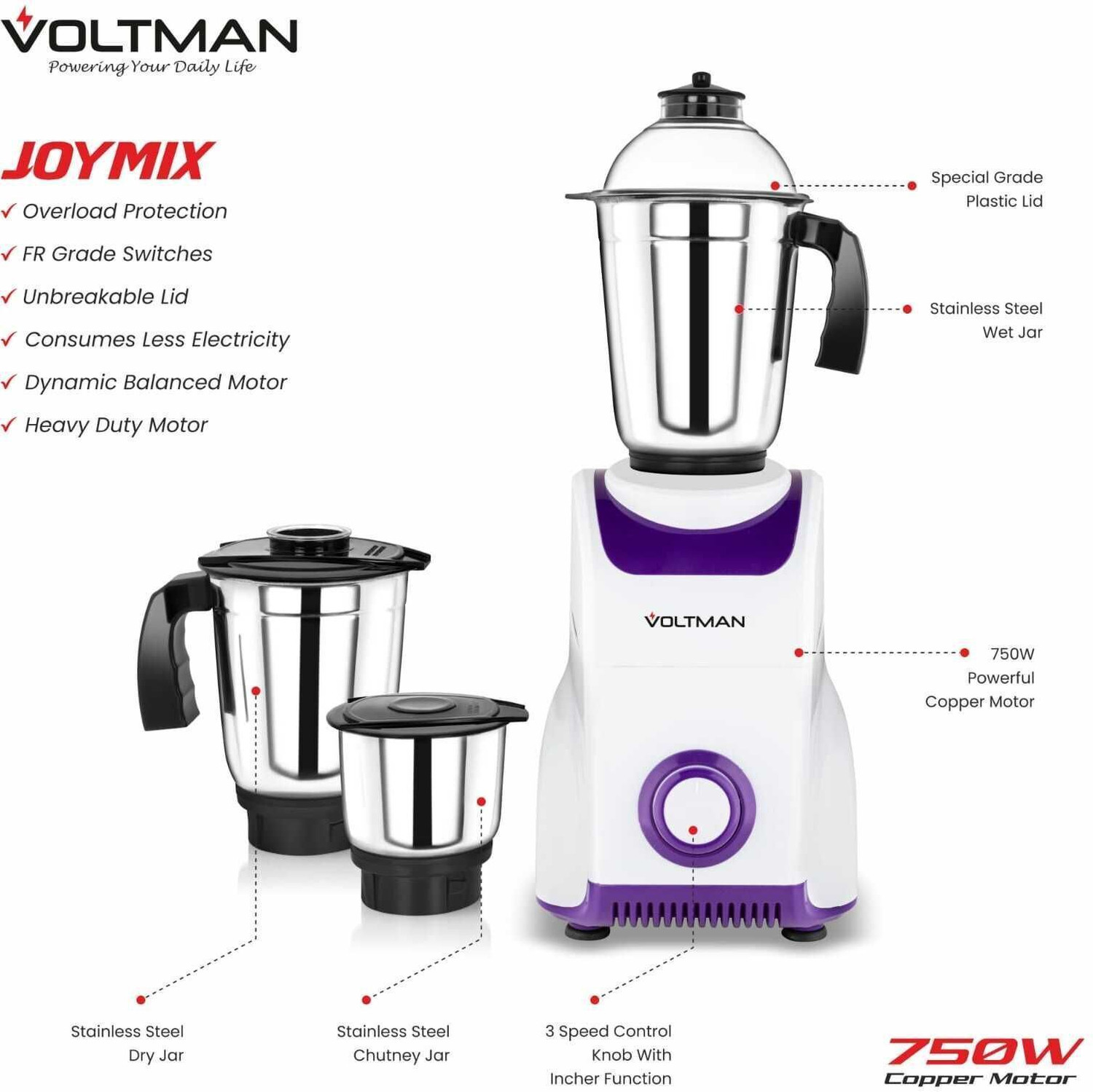 Image of VOLTMAN JOY MIX mixer grinder 750 W Juicer Mixer Grinder