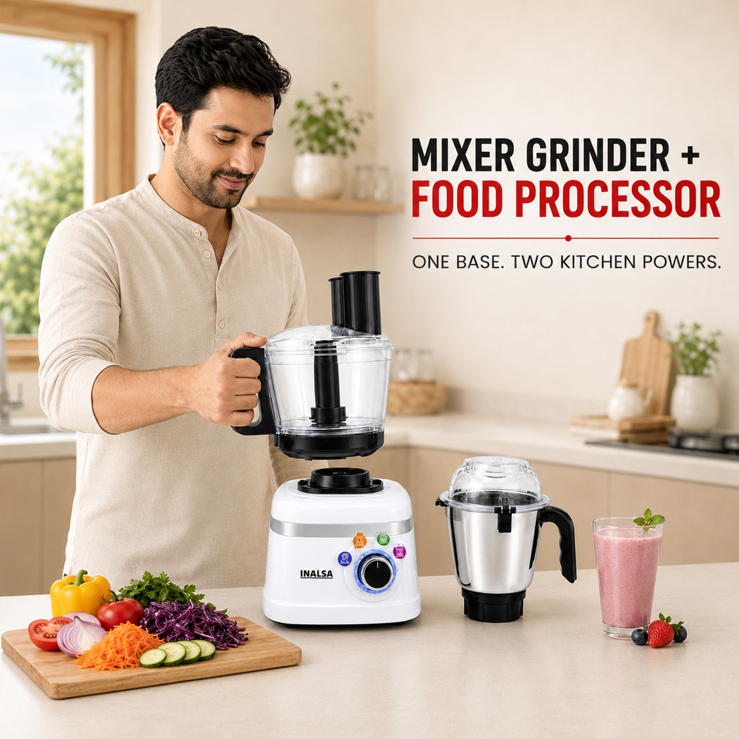 Image of Inalsa Triton 900 (MG+FP) 900 W Juicer Mixer Grinder (Triton FP 900W 3-in-1 Mixer Grinder, Food Processor, Juicer & Atta Kneading | 4 Jars | White)
