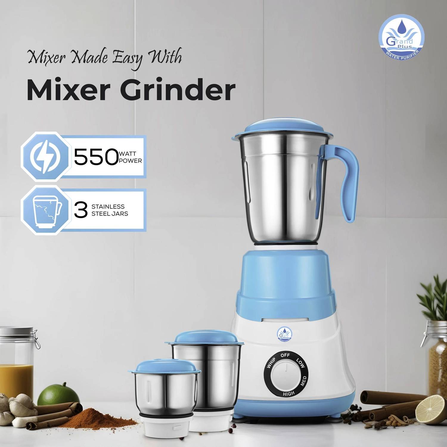 Grand Sky Blue 550W Mixer Grinder - Image 2