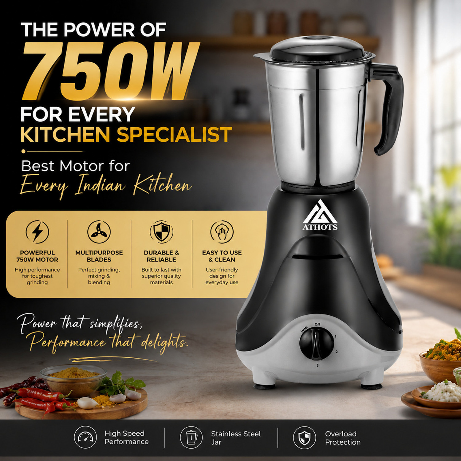 Image of Athots Skye KitchenPro 4 Jar Set 750 W Mixer Grinder