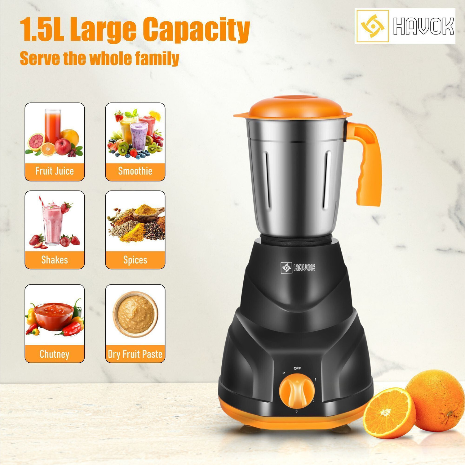 Image of Havok 750 Watt Juicer Mixer Grinder Orange & Black with 3 Jars for Grinding 750 W Juicer Mixer Grinder