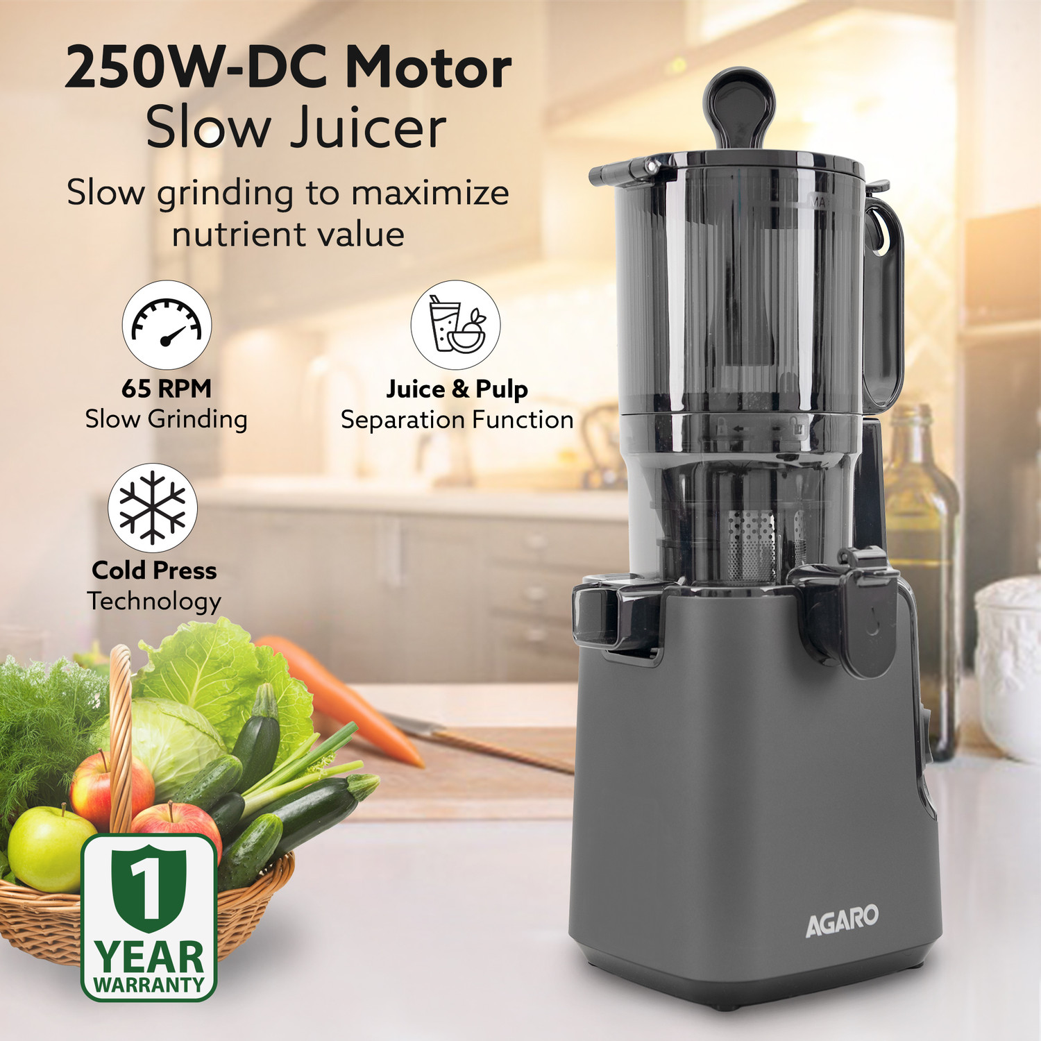Image of AGARO Regal Cold Press Slow Juicer, 250 Watt DC Motor, Easy Assembly & Cleaning 250 W Juicer