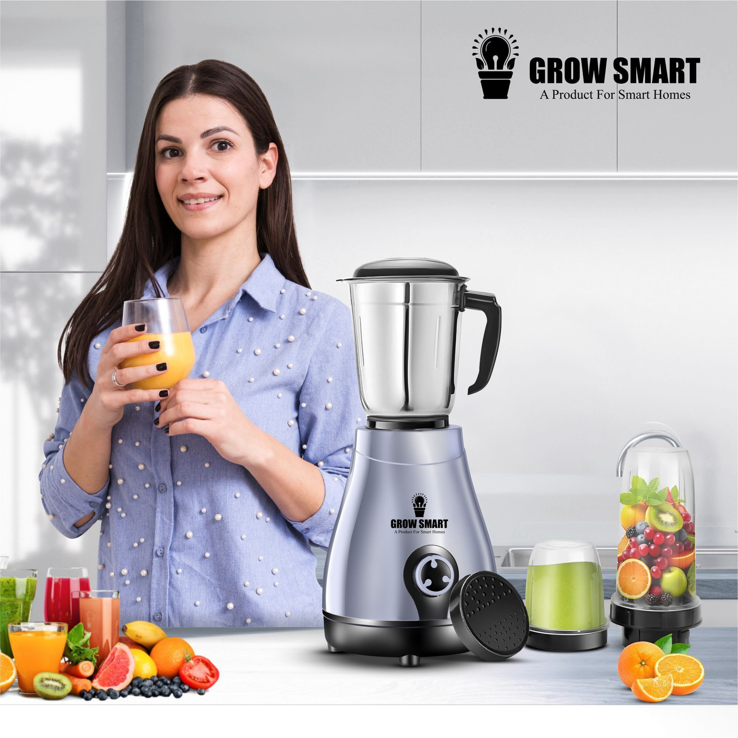 Image of Growsmart Ellen Powerful 750 Juicer Mixer Grinder (4 Jars, Grey & Black)