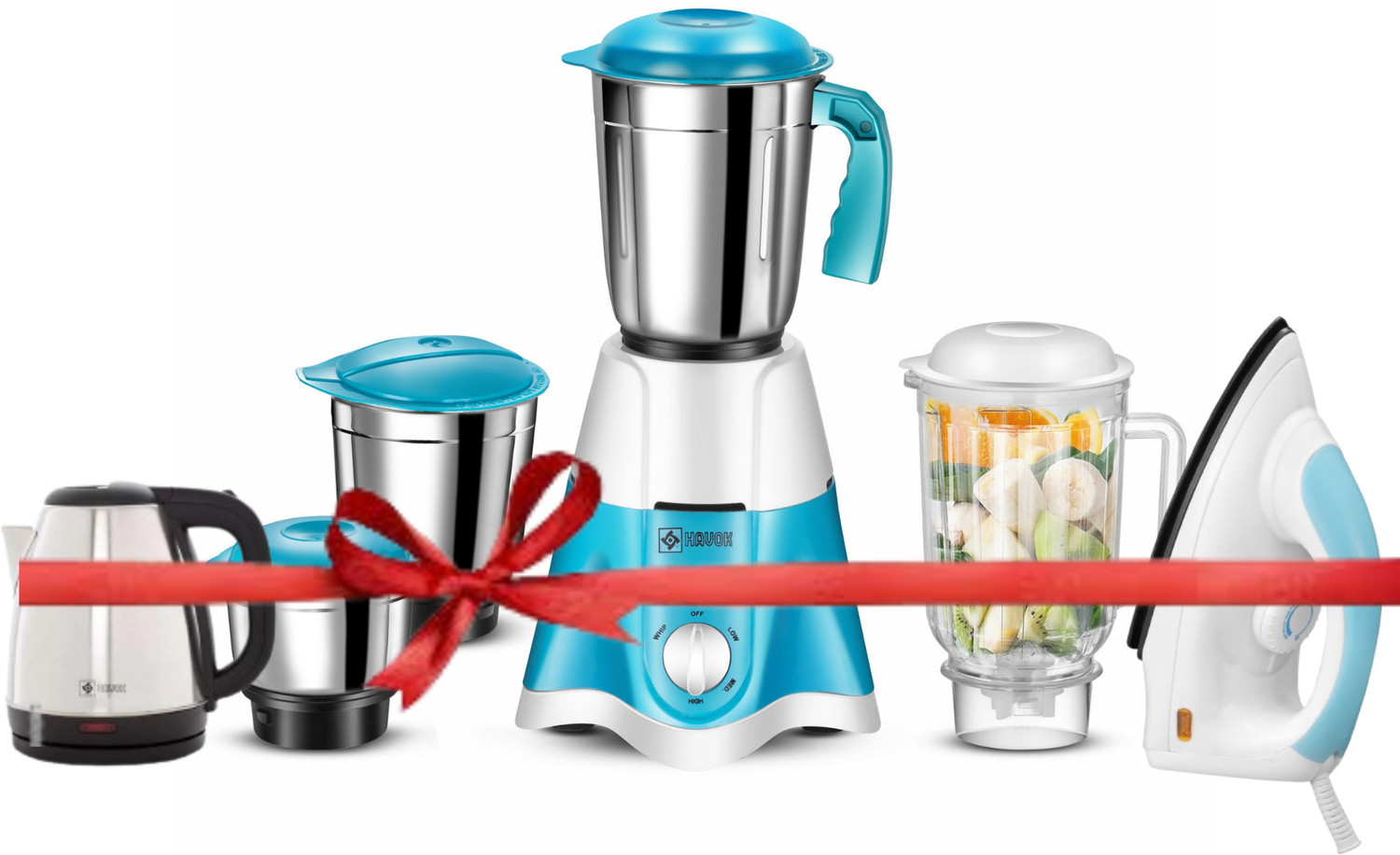 Image of Havok 750 Watt Mixer Grinder With 1100 W Dry Iron & Kettle | 4 Jars | Blue & White 750 W Juicer Mixer Grinder