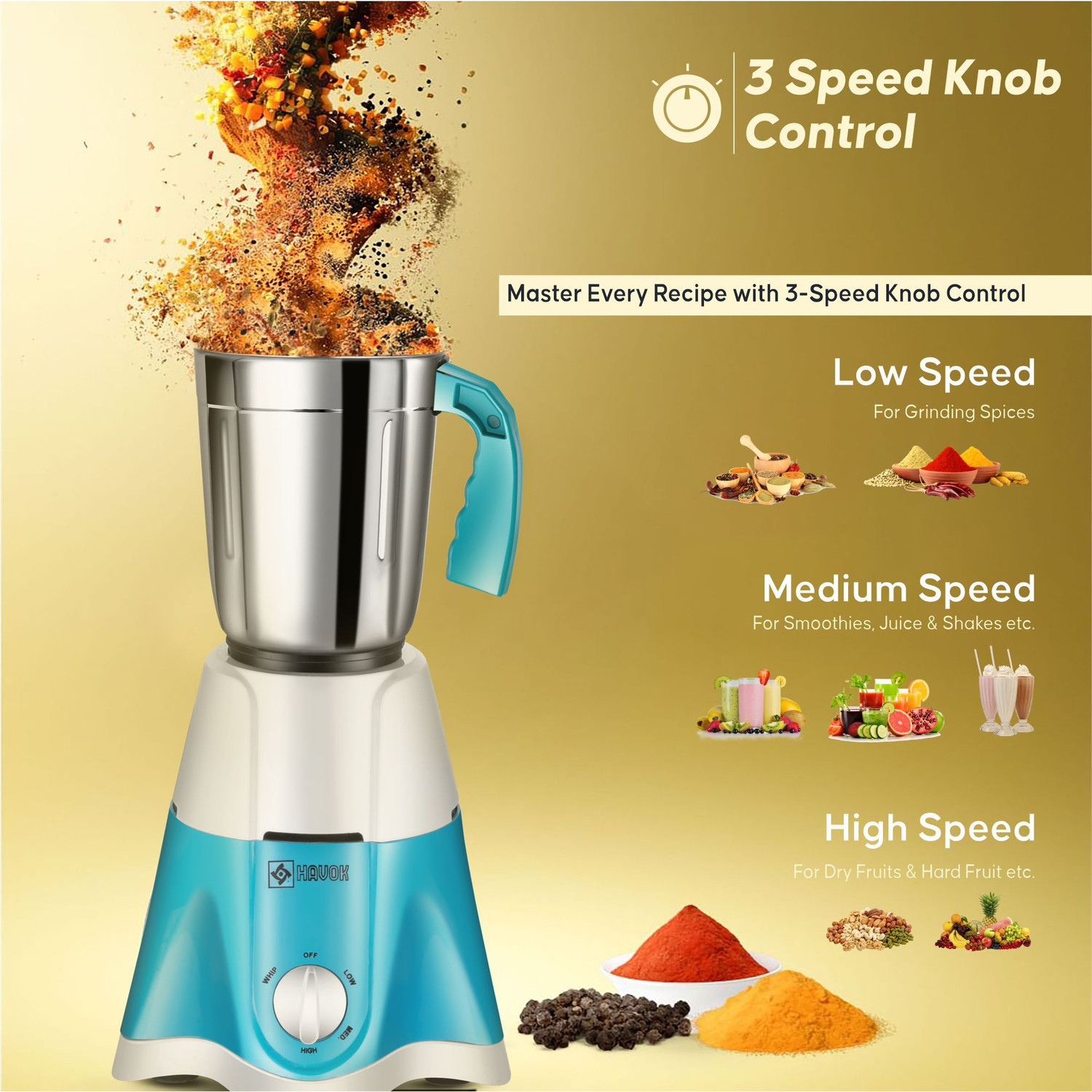 Image of Havok 750 Watt Mixer Grinder With 1100 W Dry Iron & Kettle | 4 Jars | Blue & White 750 W Juicer Mixer Grinder