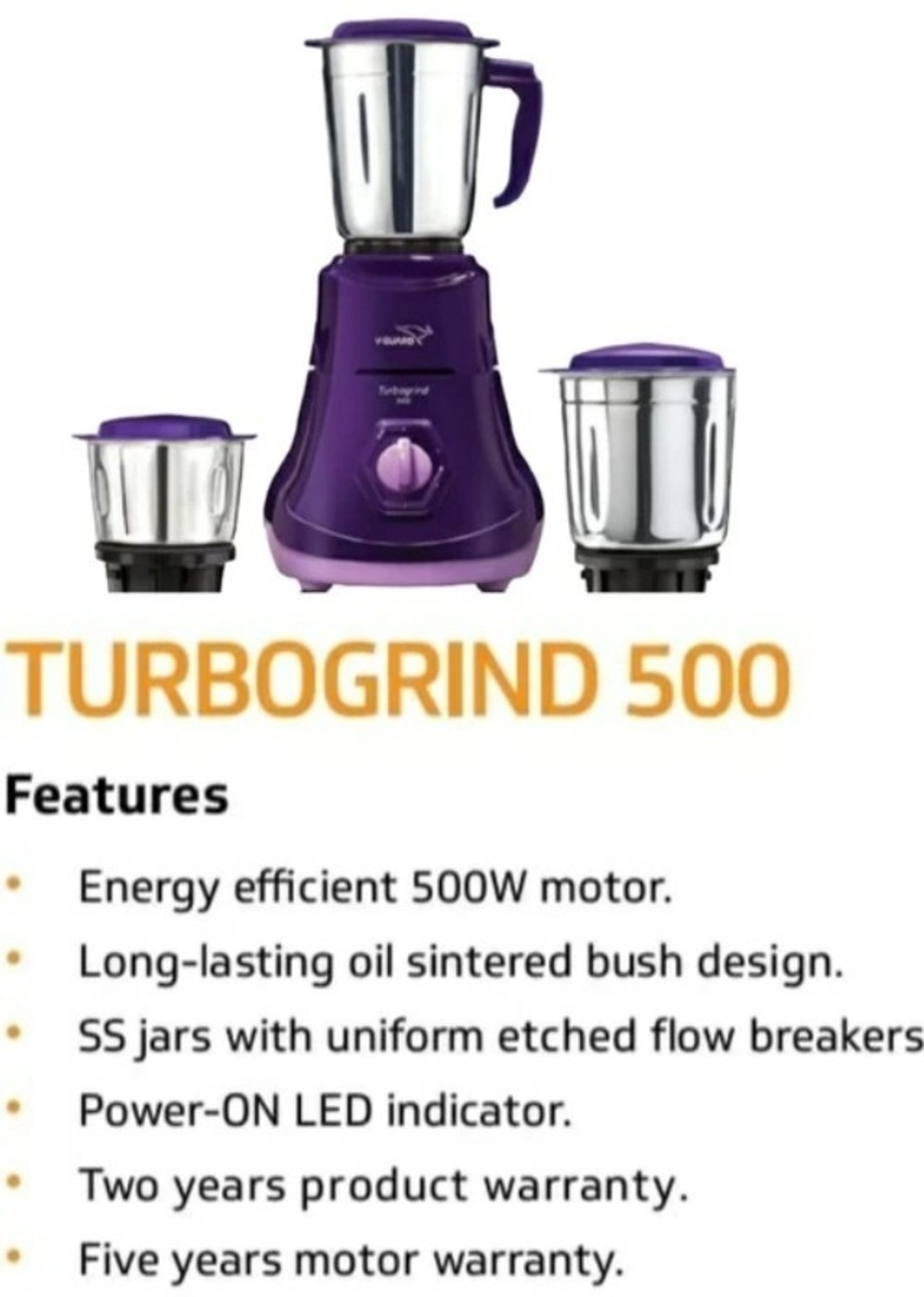 Image of V-Guard TURBOGRIND 500 500 W Mixer Grinder