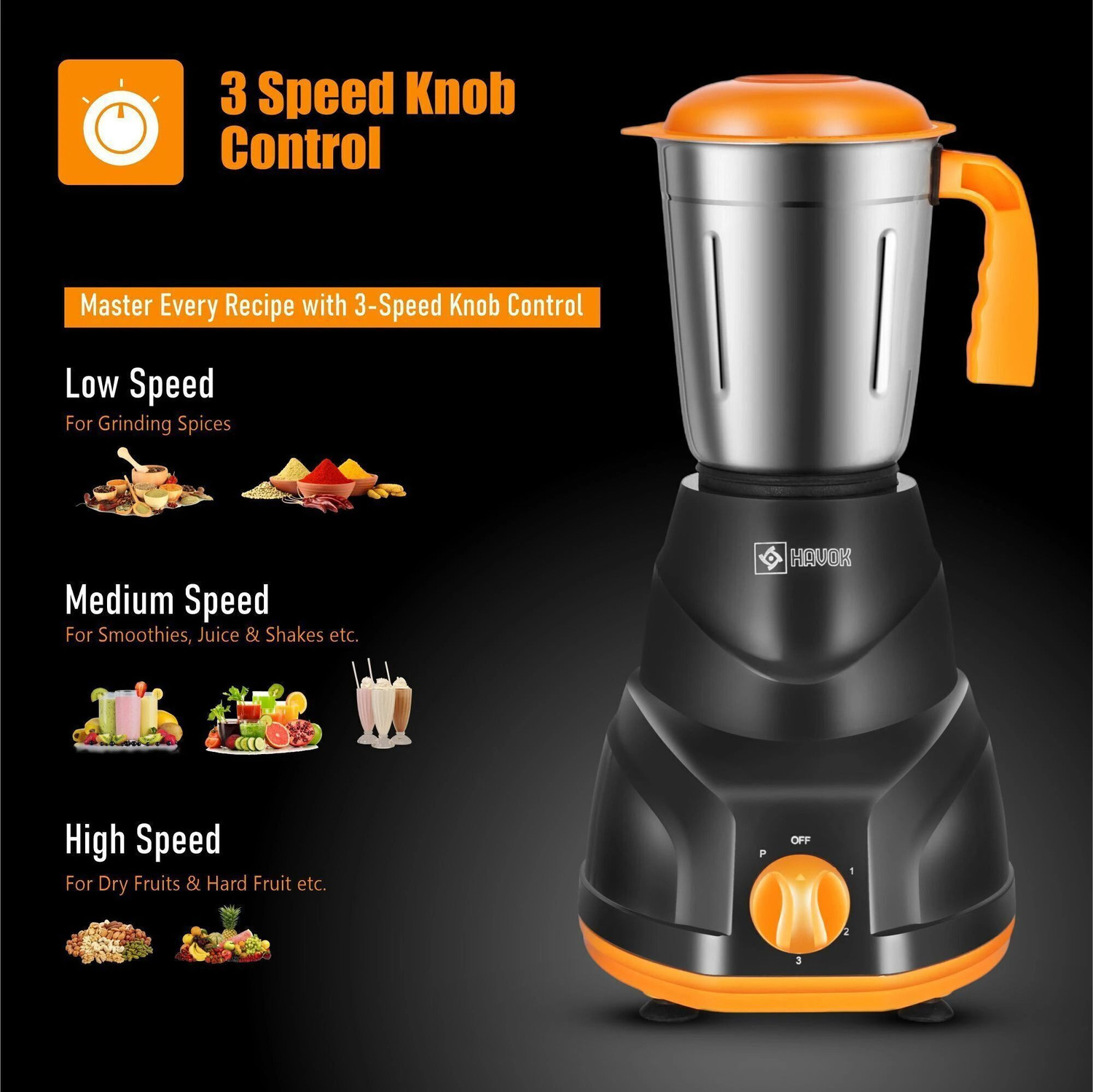 Image of Havok 750 Watt Juicer Mixer Grinder Orange & Black with 3 Jars for Grinding 750 W Juicer Mixer Grinder