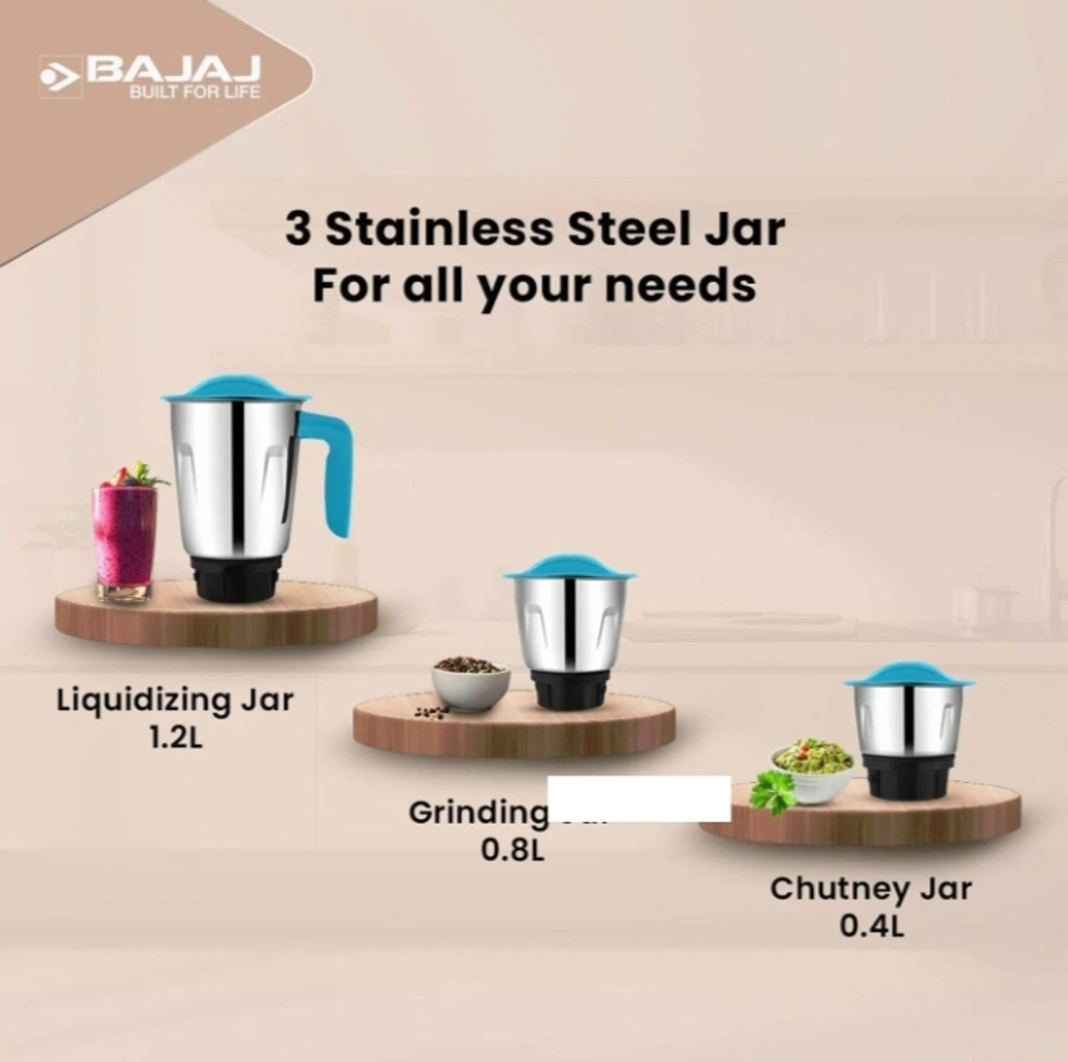 Image of BAJAJ Notch 500w 500 W Mixer Grinder (NOTCH 500W | 3 Jars | Blue)