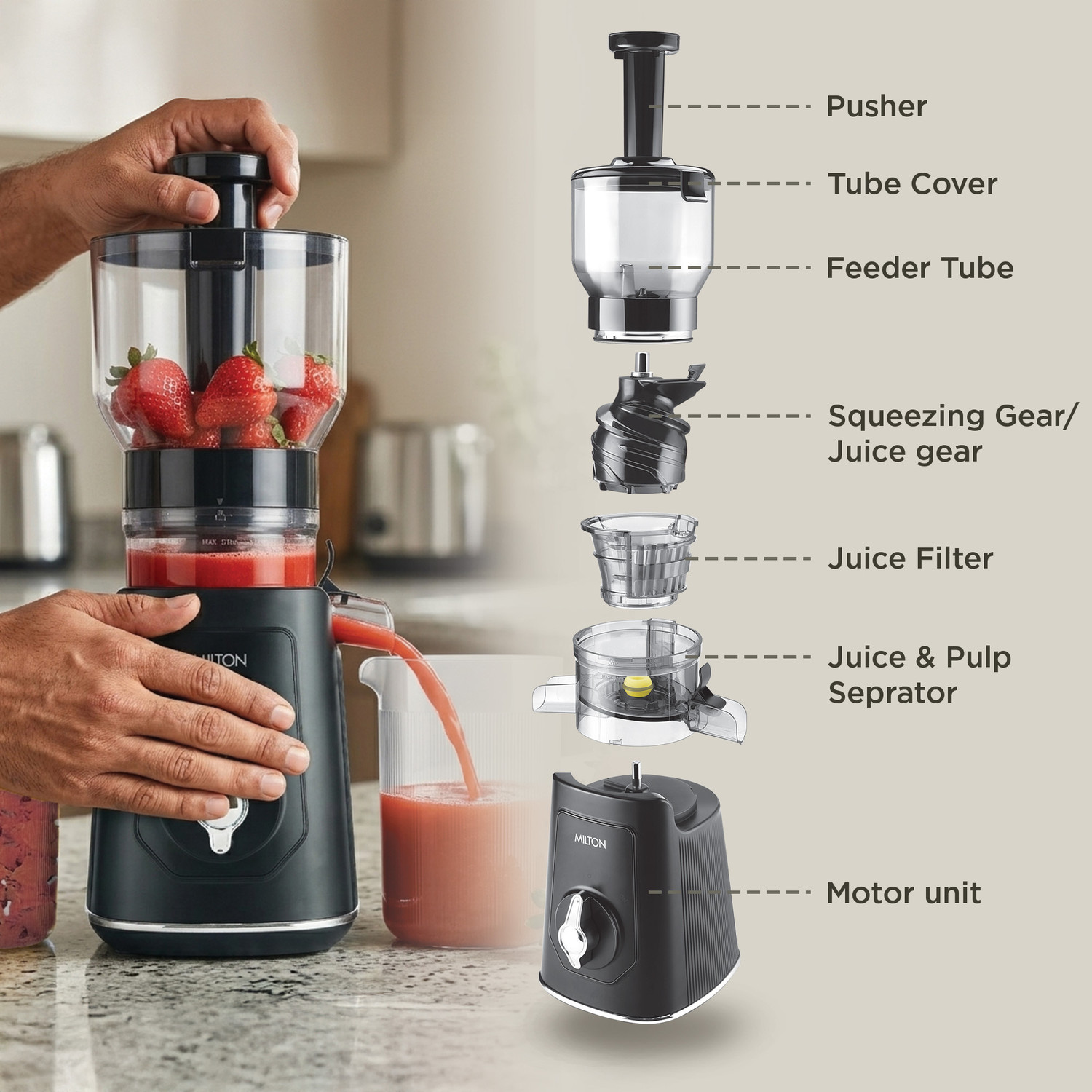Image of MILTON Appliances Cold Press Slow Juicer with Nutri Lock System 150 W Juicer
