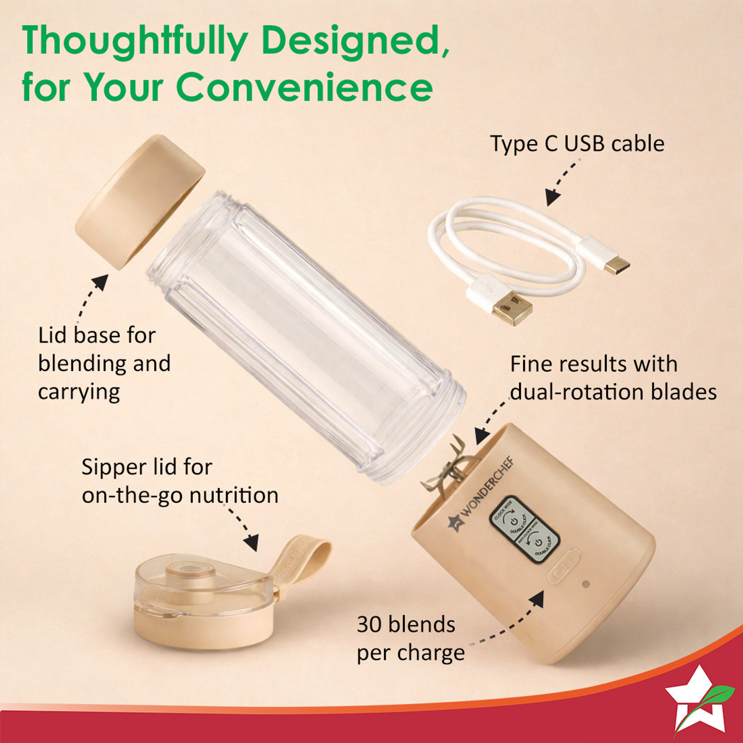 Image of WONDERCHEF Twister Portable Blender 500ml, For Crushing Ice, Shakes & Salad Dressings, 150 W Juicer