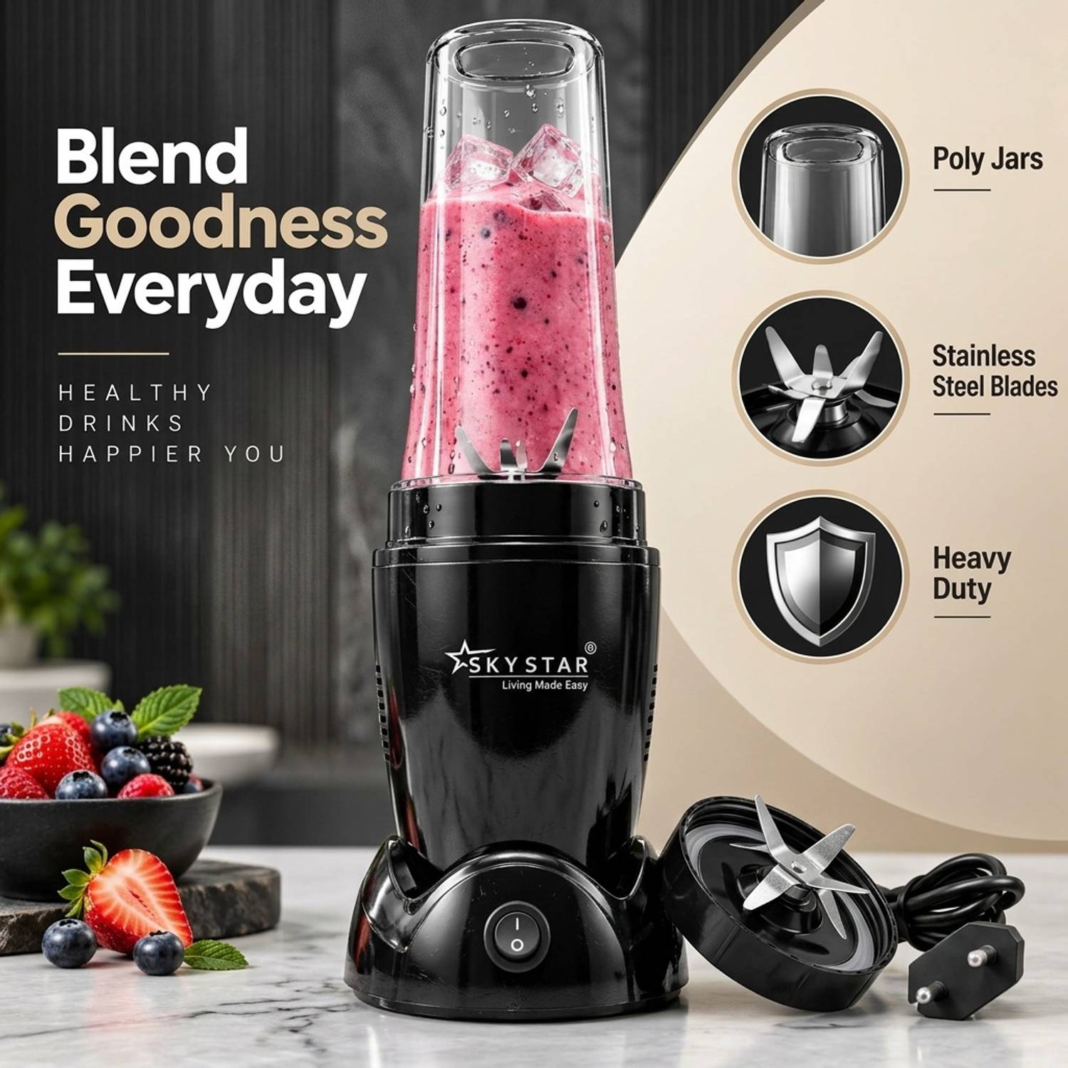 Skystar 2 Jar Black Bullet Nutri 750W Juicer Mixer Grinder - Image 5