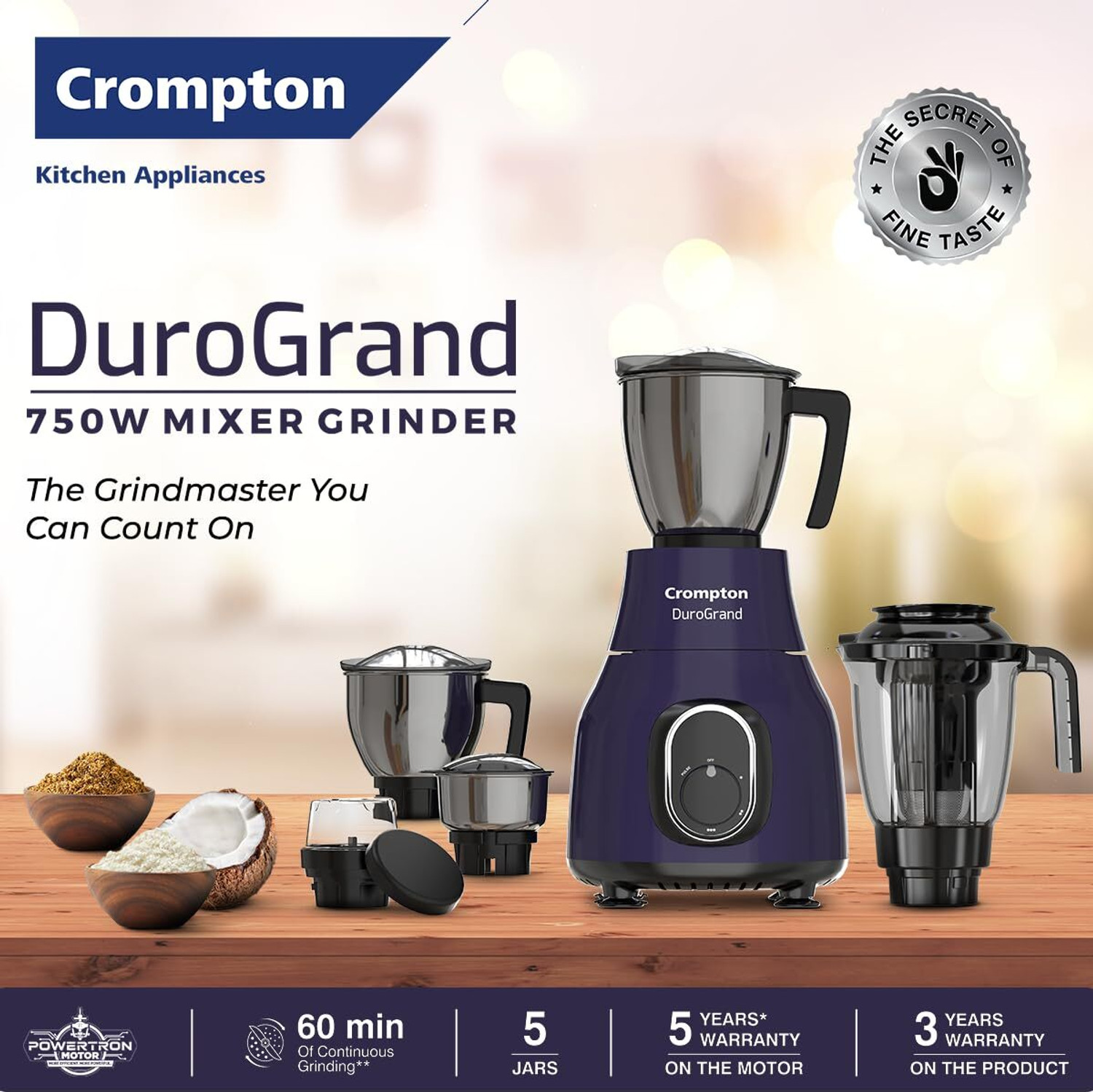 Image of Crompton DURO GRAND 750 W Mixer Grinder (Duro Grand 750W Powertron Motor | 5 Jars | Purple)