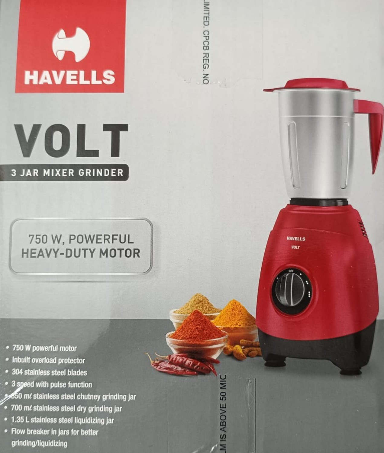 Image of HAVELLS VOLT 3 JAR 750 WATT GREY 750 W Mixer Grinder