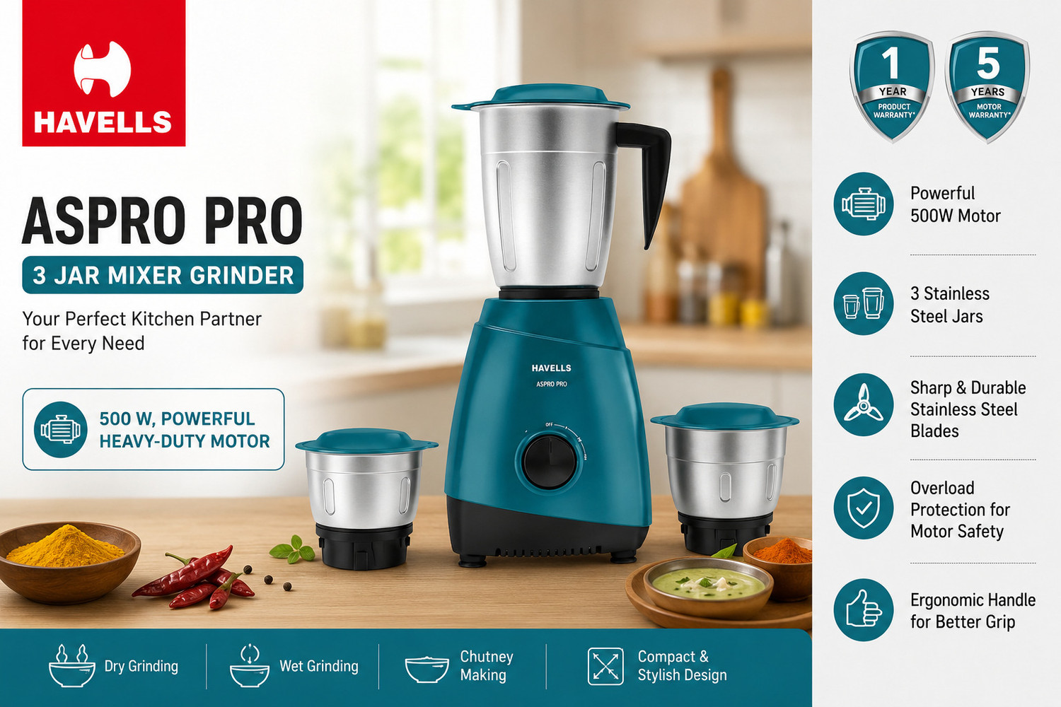 Image of HAVELLS Aspro Pro 500 W Mixer Grinder