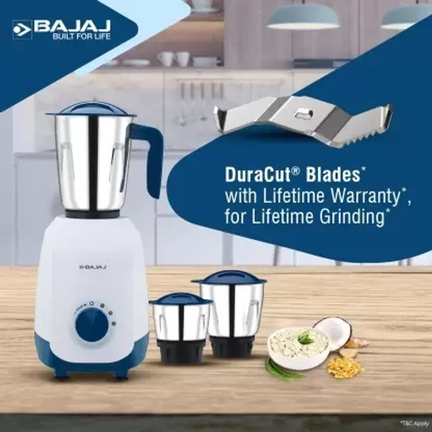 Image of BAJAJ Watts 500 W Mixer Grinder (Ninja Series NOTCH | 3 Jars | FRENCH BLUE)