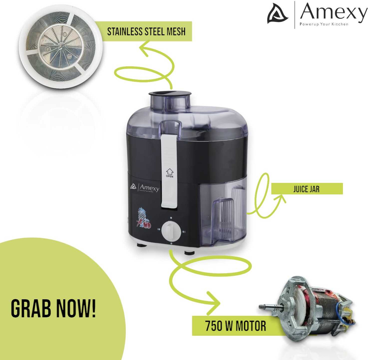 Image of Amexy Juicer Black Megha doubble layer, Copper Motor, Compact Modular Look 750 W Juicer