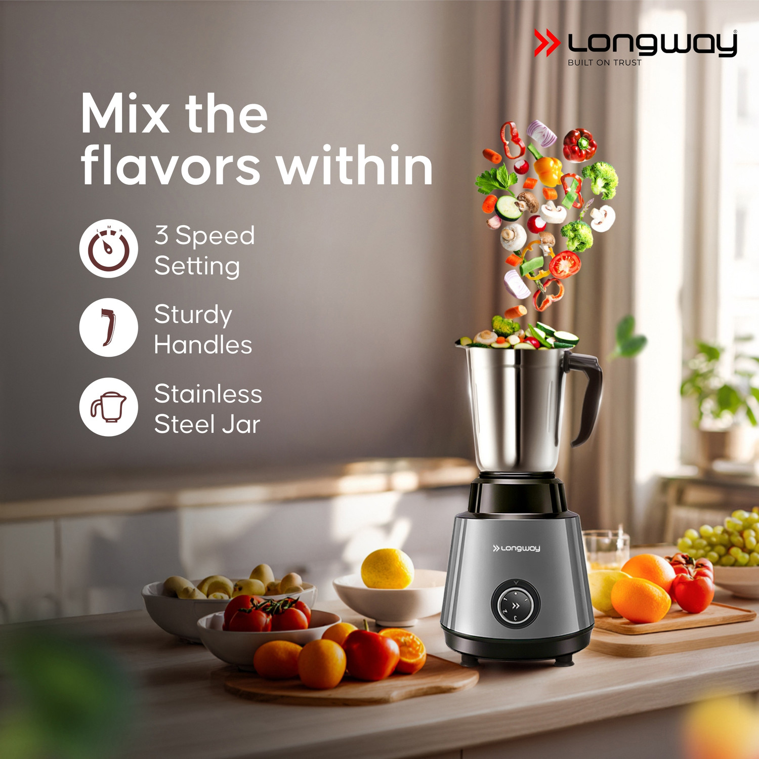 Image of Longway Roto Max with Powerful Motor & Kwid 1100 W Dry Iron Combo 500 W Juicer Mixer Grinder