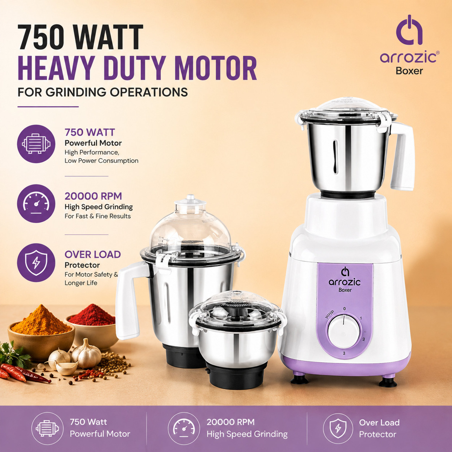 Image of arrozic Boxer | 2 Year Product & 5 Year Motor Warranty | 750 W Mixer Grinder (Boxer | 3 Jars | White & Lavender)