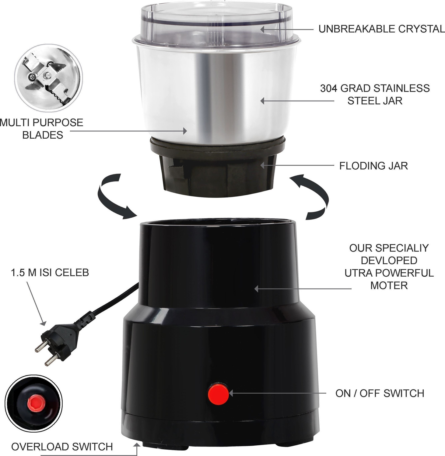 Image of MST Goldi Household Grinder W300 Juicer Mixer Grinder gr200 300 W Juicer Mixer Grinder
