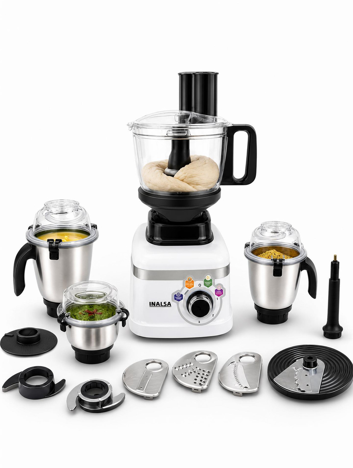 Image of Inalsa Triton 900 (MG+FP) 900 W Juicer Mixer Grinder (Triton FP 900W 3-in-1 Mixer Grinder, Food Processor, Juicer & Atta Kneading | 4 Jars | White)