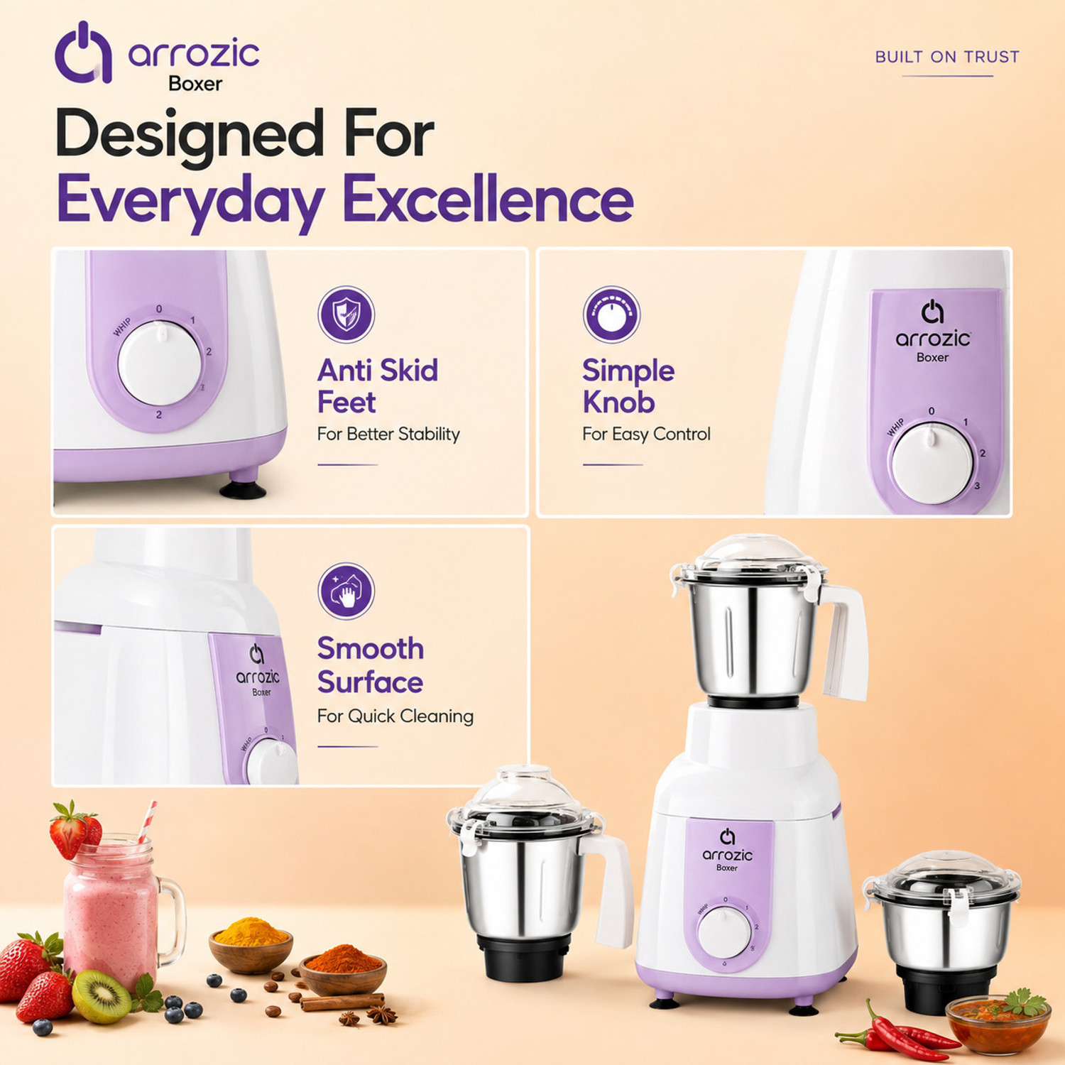 Image of arrozic Boxer | 2 Year Product & 5 Year Motor Warranty | 750 W Mixer Grinder (Boxer | 3 Jars | White & Lavender)