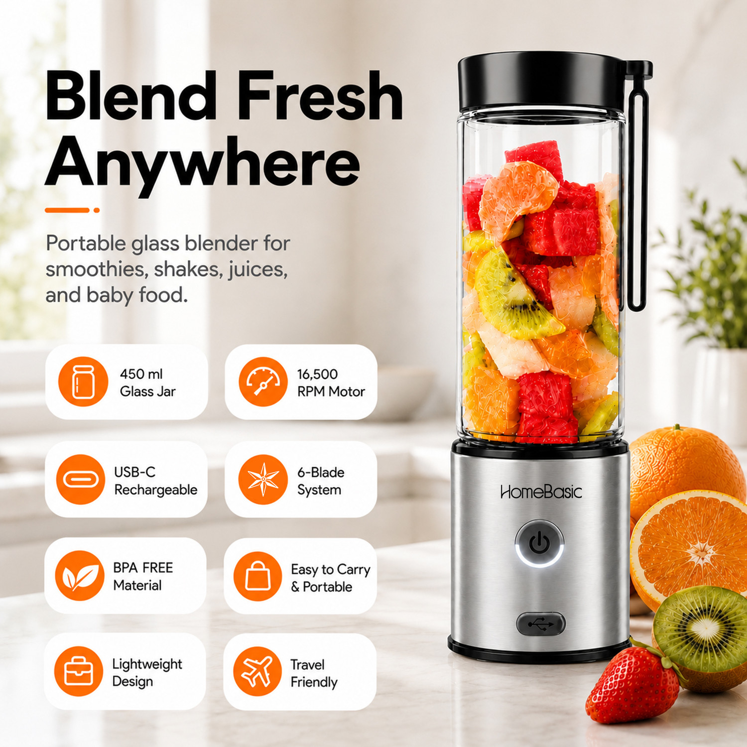 Image of HOMEBASIC Portable Blender 450ml | USB Rechargeable | Glass Jar | Smoothies & Juices 700 W Juicer Mixer Grinder