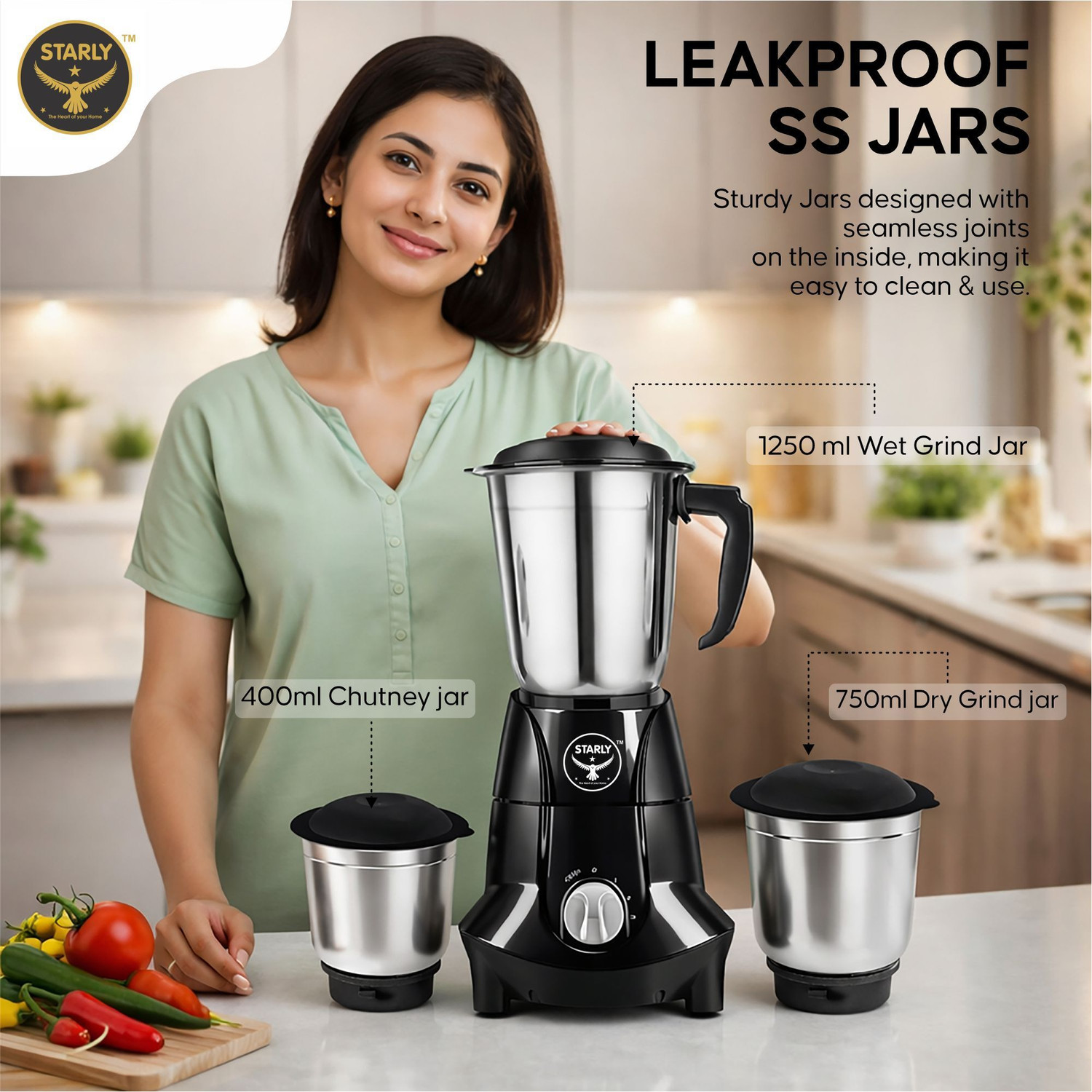 Image of Starly Enterprises Best Home Mixer Grinder 750 W Juicer Mixer Grinder (Berlin Black 3Jar | 3 Jars | Black)