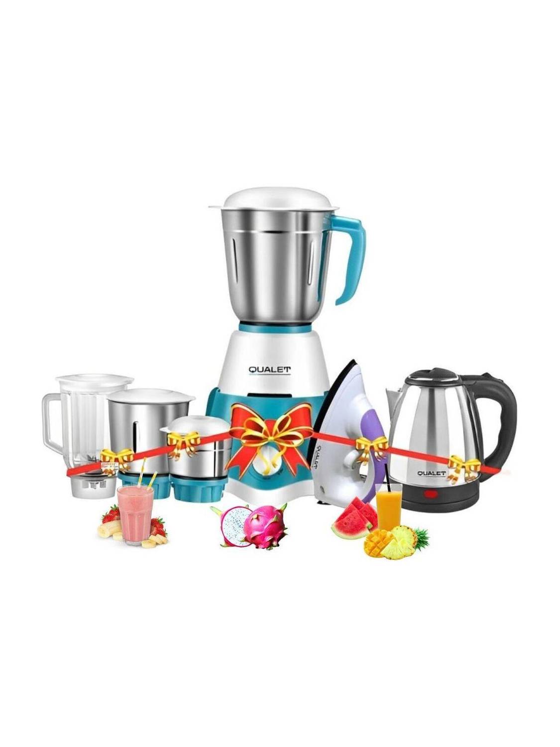 QUALET Glitter Electric Kettle (2L, Silver) & 750 W Mixer Grinder