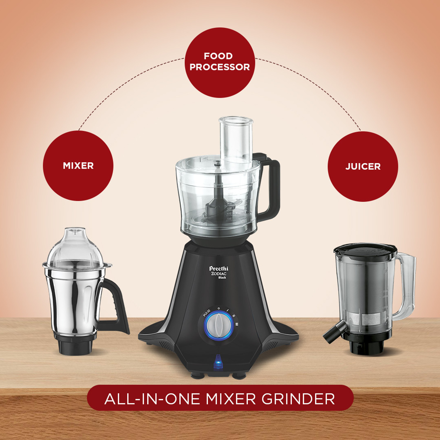 Image of Preethi Zodiac Black 750 W Juicer Mixer Grinder