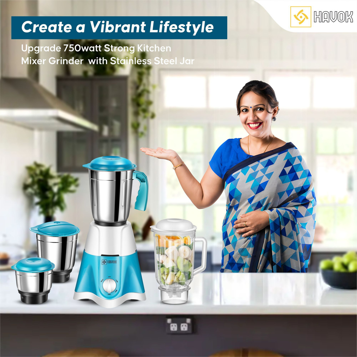Image of Havok 750 Watt Mixer Grinder With 1100 W Dry Iron & Kettle | 4 Jars | Blue & White 750 W Juicer Mixer Grinder
