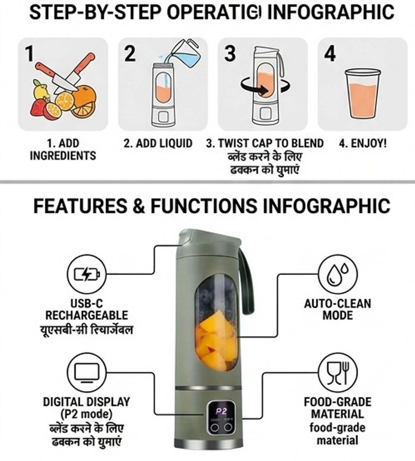 Image of Rekhacreation44 Portable USB Juicer Blender 350ml Rechargeable Mini Smoothie Maker Bottle Juices 50 W Juicer
