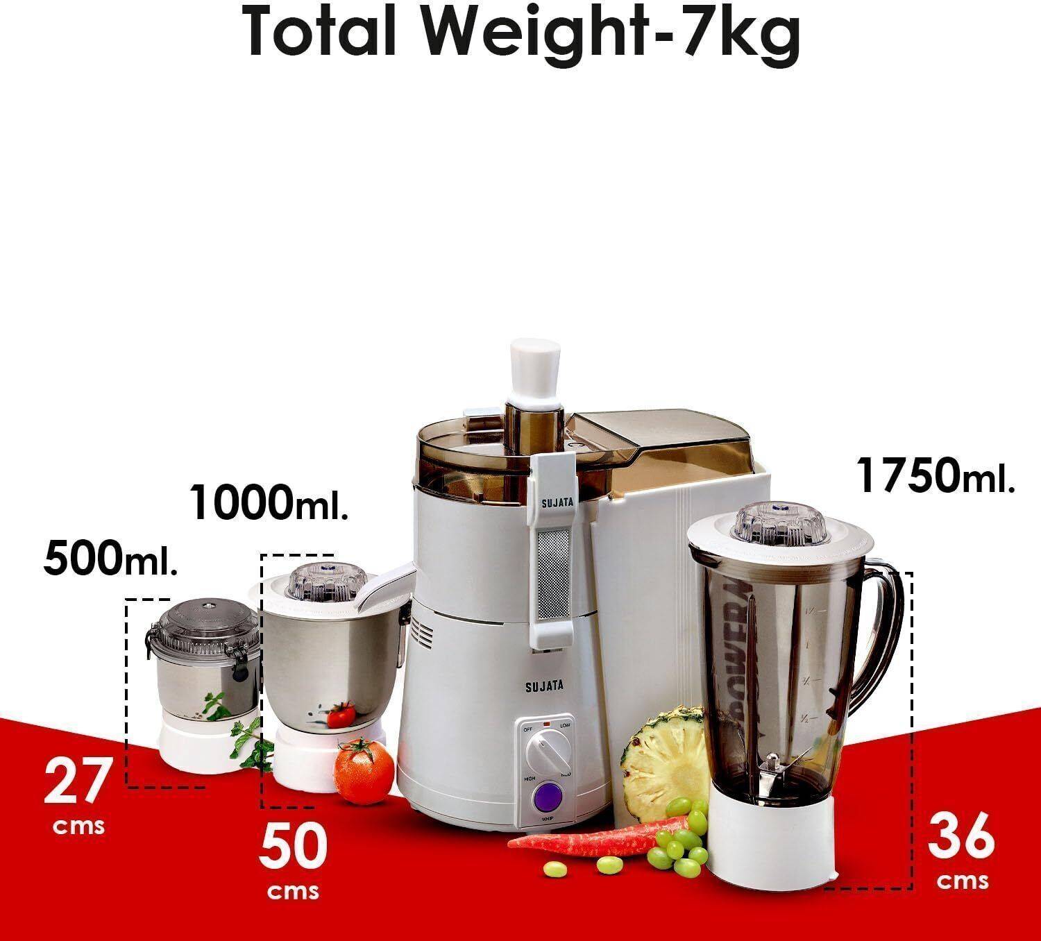 SUJATA All-In-One Juicer Mixer Grinder 900W, 3 Jars (1.75L) - Image 2